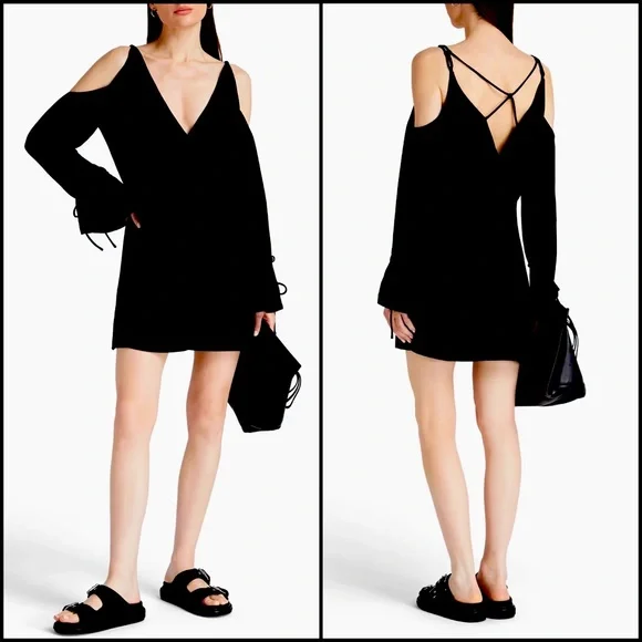 IRO Black Surplice Crepe Cold Open Shoulder Tie Flare Bell Wrist Mini Dress LBD - Picture 3 of 12